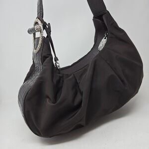 BRIGHTON Brown Patent Leather Croc Embossed Nylon Hobo Purse Shoulder Bag Tote